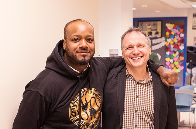 Darnell, a Creative Arts intern, and John Runowicz, Manager of the Creative Arts program at The Fortune Society